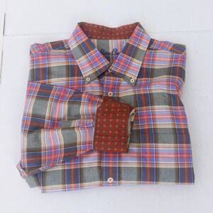 Alan Flusser Plaid Button Down Shirt-Large-Flip Cuffs-Chest Pocket-Formal-Pastel